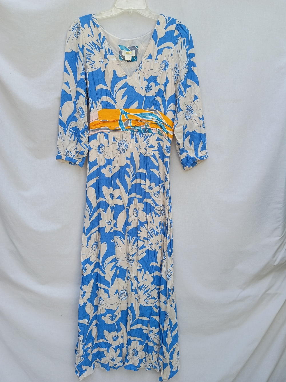 Anthropologie Maeve Belted Kimono Maxi Dress Blue Floral Yellow Sash Boho M 10
